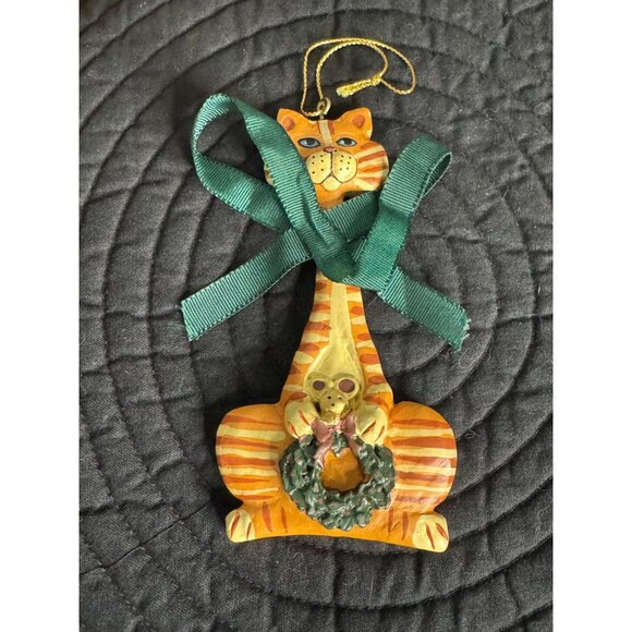 Striped Cat Christmas Ornament With Green Ribbon & Wreath - Picture 7 of 12